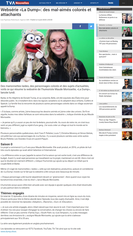 Photo Maude Morissette La Dump TVA nouvelles journal Quebecor marionnette puppets Dump.Show Journal de Montréal 24H