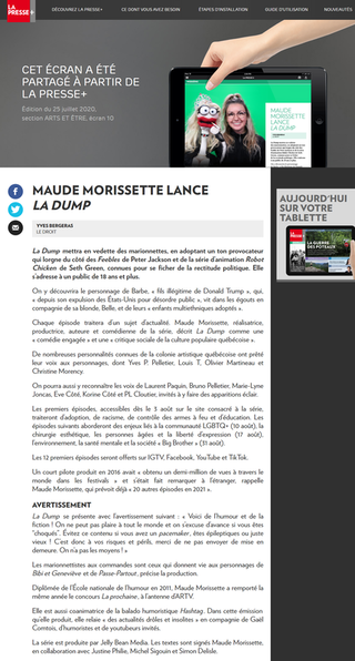 Photo La Presse + La Dump marionnette puppet article presse Maude Morissette série 